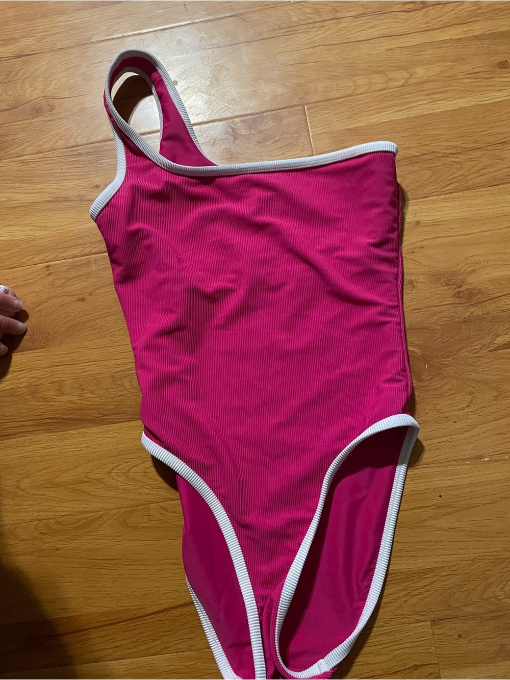 LainSnow Hot Pink One-Shoulder Swim Top with White Trim